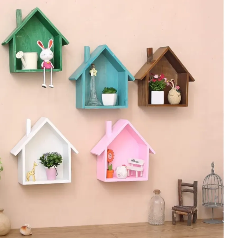 Wooden hut wall hanging shelves
